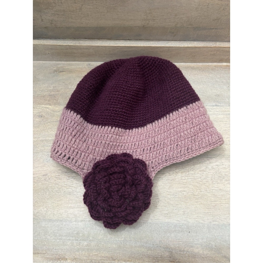 Nirvanna Design Wool‎ Hat handmade crocheted beanie Purple Pink Flower
